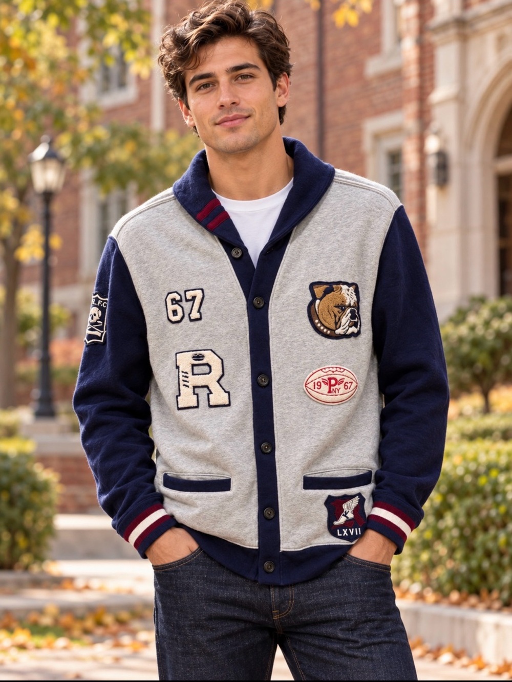 Polo by Ralph Lauren Gray and Blue Varsity Bomber Jacket cardigan size XL 18-20